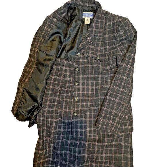 Pendleton USA Made 100% Virgin Wool Pink Gray Plaid Skirt Blazer Suit/Size 10 - Picture 1 of 8